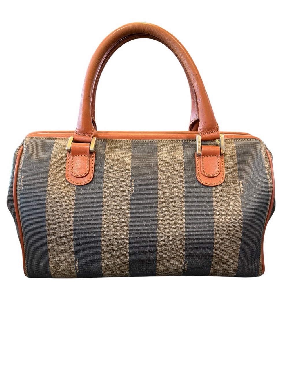 Fendi Top Handle Brown and Tan Striped Canvas Satchel with Leather Trim - Picture 9 of 12